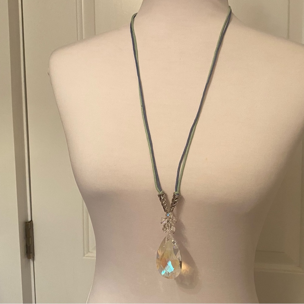 KIRKS FOLLY NEW CRYSTAL SHIMMER CORD NECKLACE LARGE TEARDROP BLUE GREEN CORDS